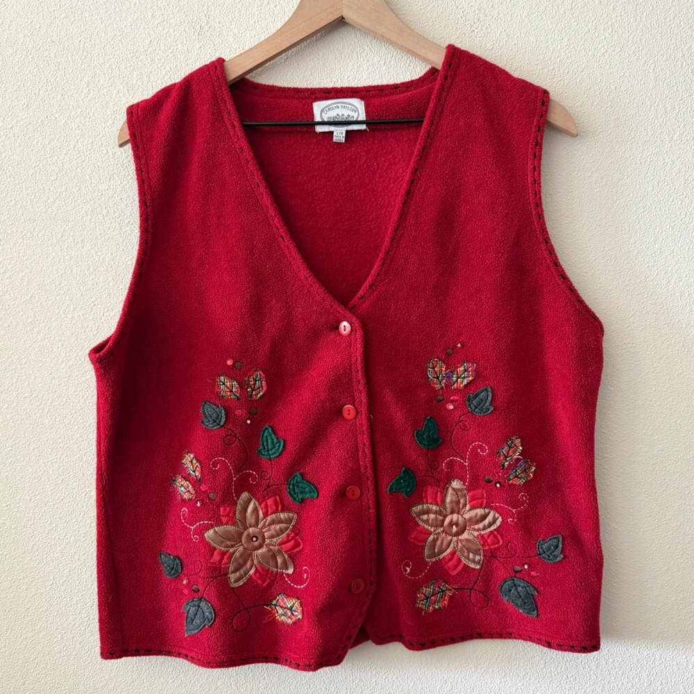CAROLYN TAYLOR Womens Embroidered Fleece Vest Cottagecore Festive Holiday Size L